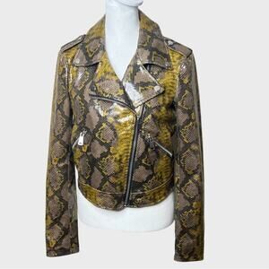 Zara Basic Faux Snakeskin Jacket XS Mustard Brown Retro Moto Streetwear Biker